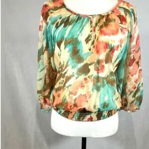 4/$12 Apt 9 Blue Peach Brown Abstract Elastic On Shoulders And Bottom Of Shirt